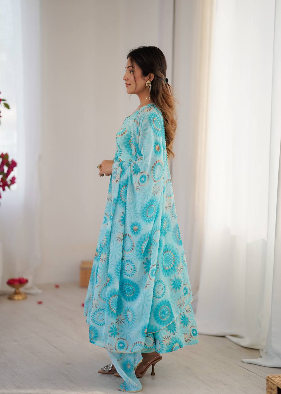 Teal Floral Anarkali Kurta Set for Women