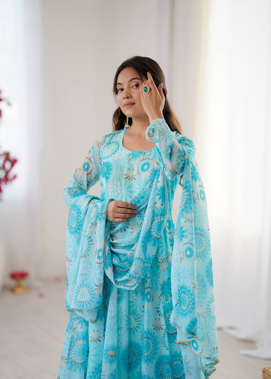 Teal Floral Anarkali Kurta Set for Women