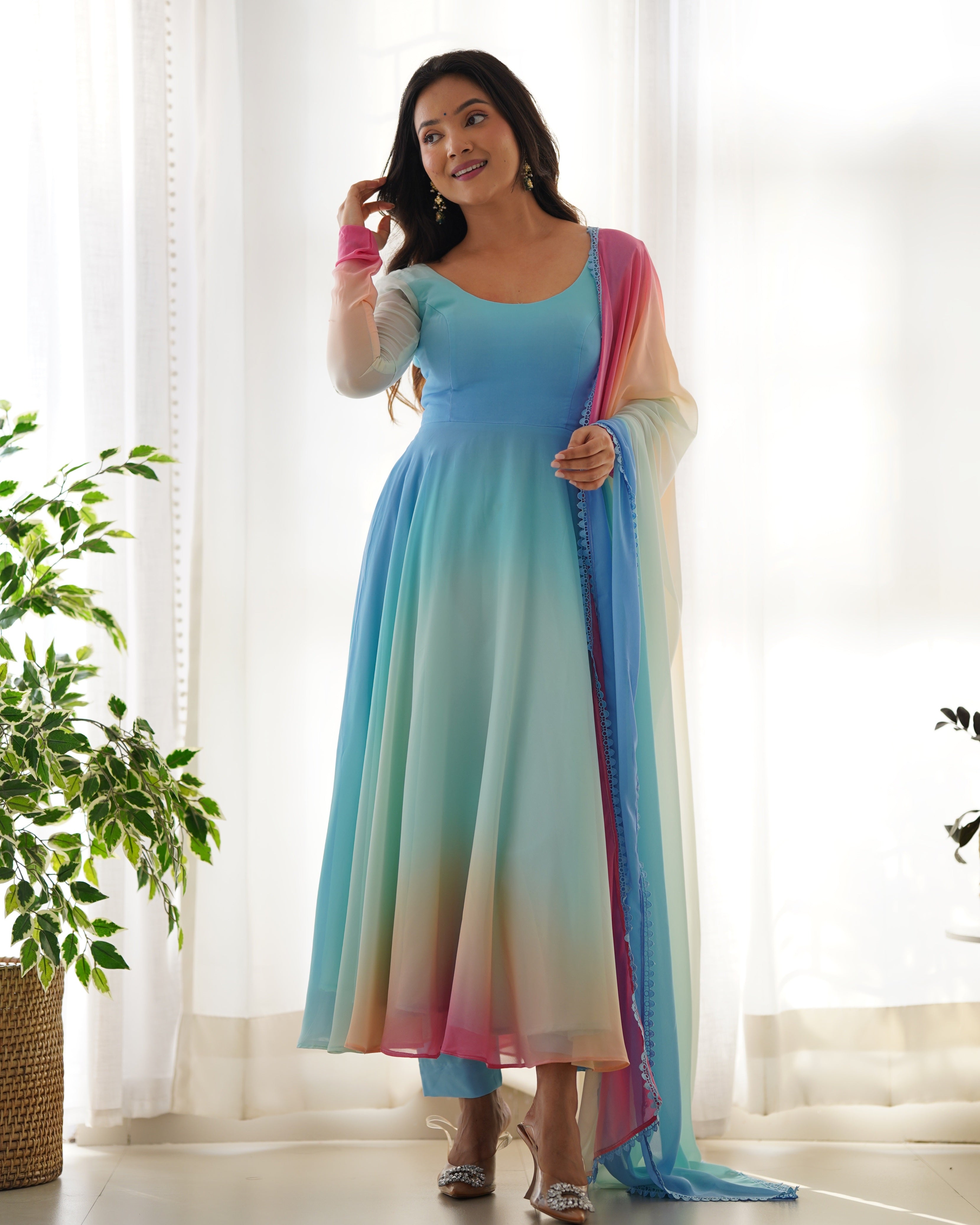 Multi-Color Ombre Gradient Organza Anarkali Gown with Rainbow Dupatta