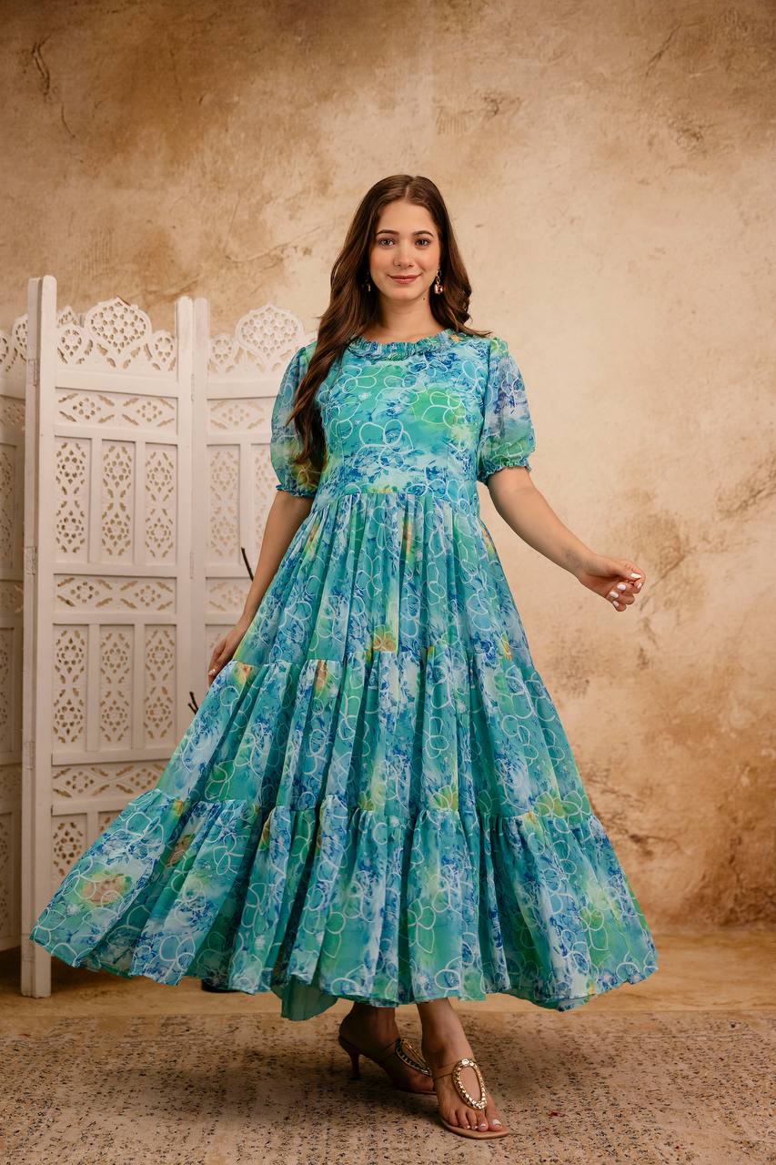 Blue Printed Anarkali Kurta for Women | Flared Ethnic Dress with Sleeves