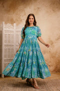 Blue Printed Anarkali Kurta for Women | Flared Ethnic Dress with Sleeves