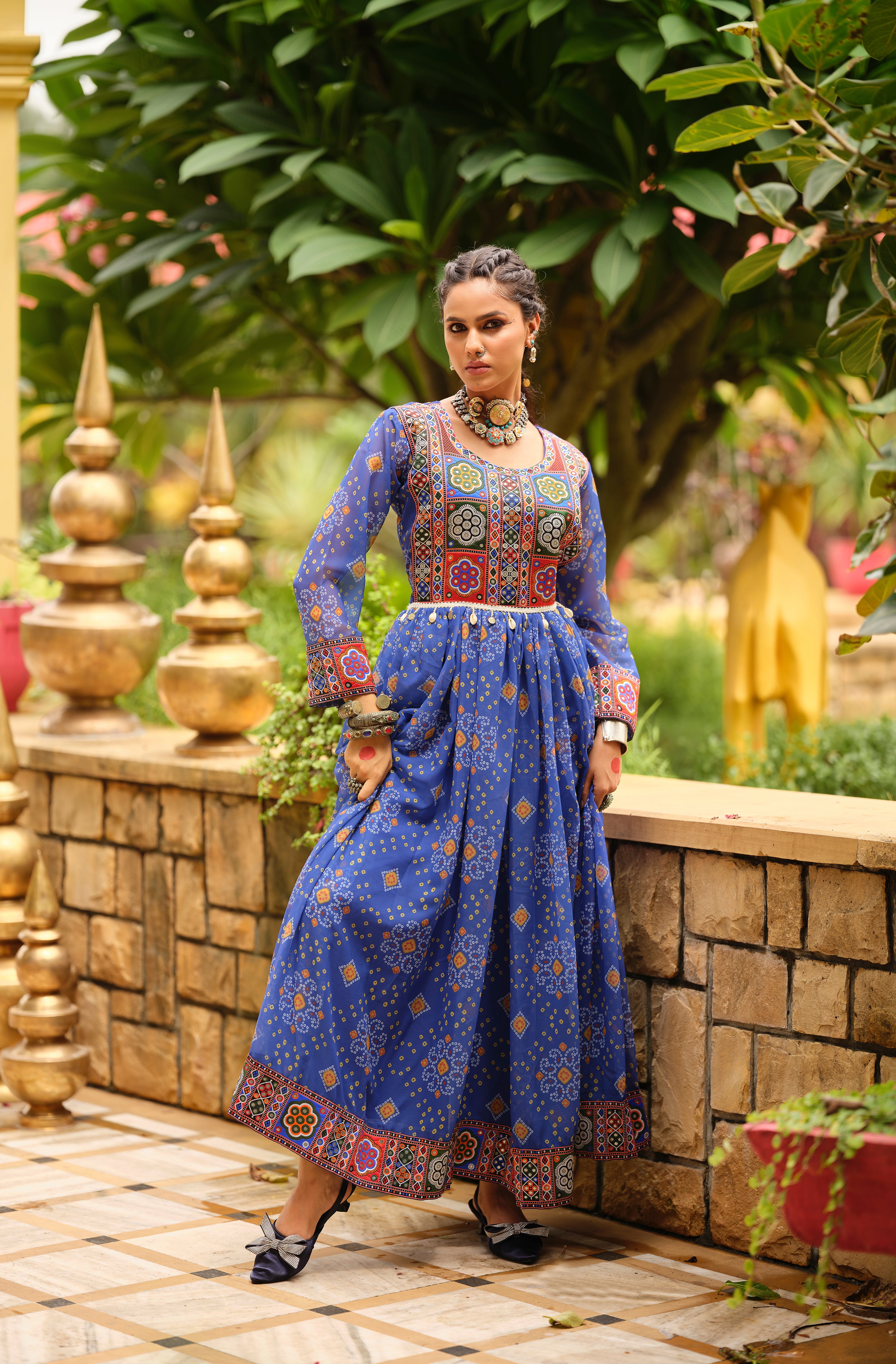 Blue Printed Anarkali Dress for Women