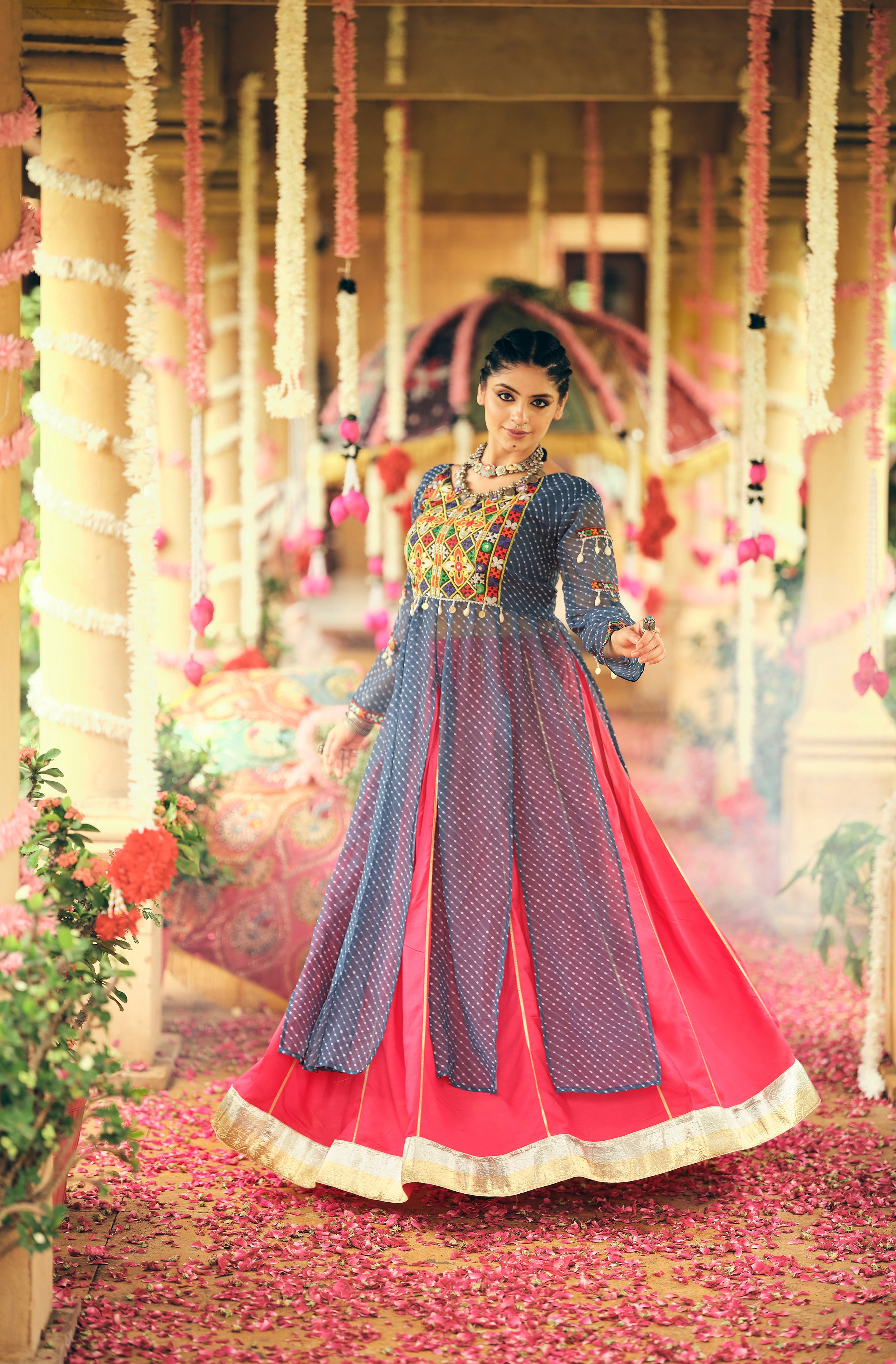 Blue Lehenga Set with Red Contrast & Multicolor Embroidery