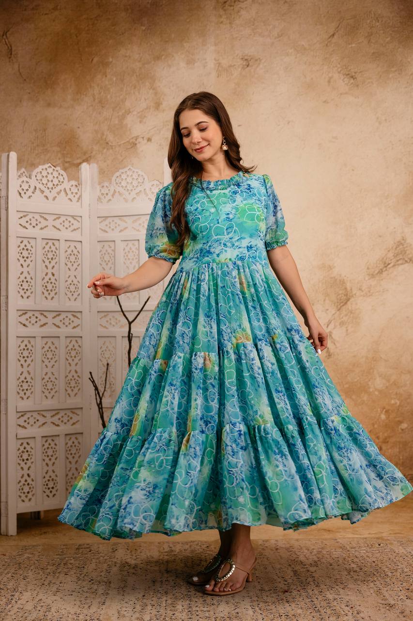 Blue Printed Anarkali Kurta for Women | Flared Ethnic Dress with Sleeves