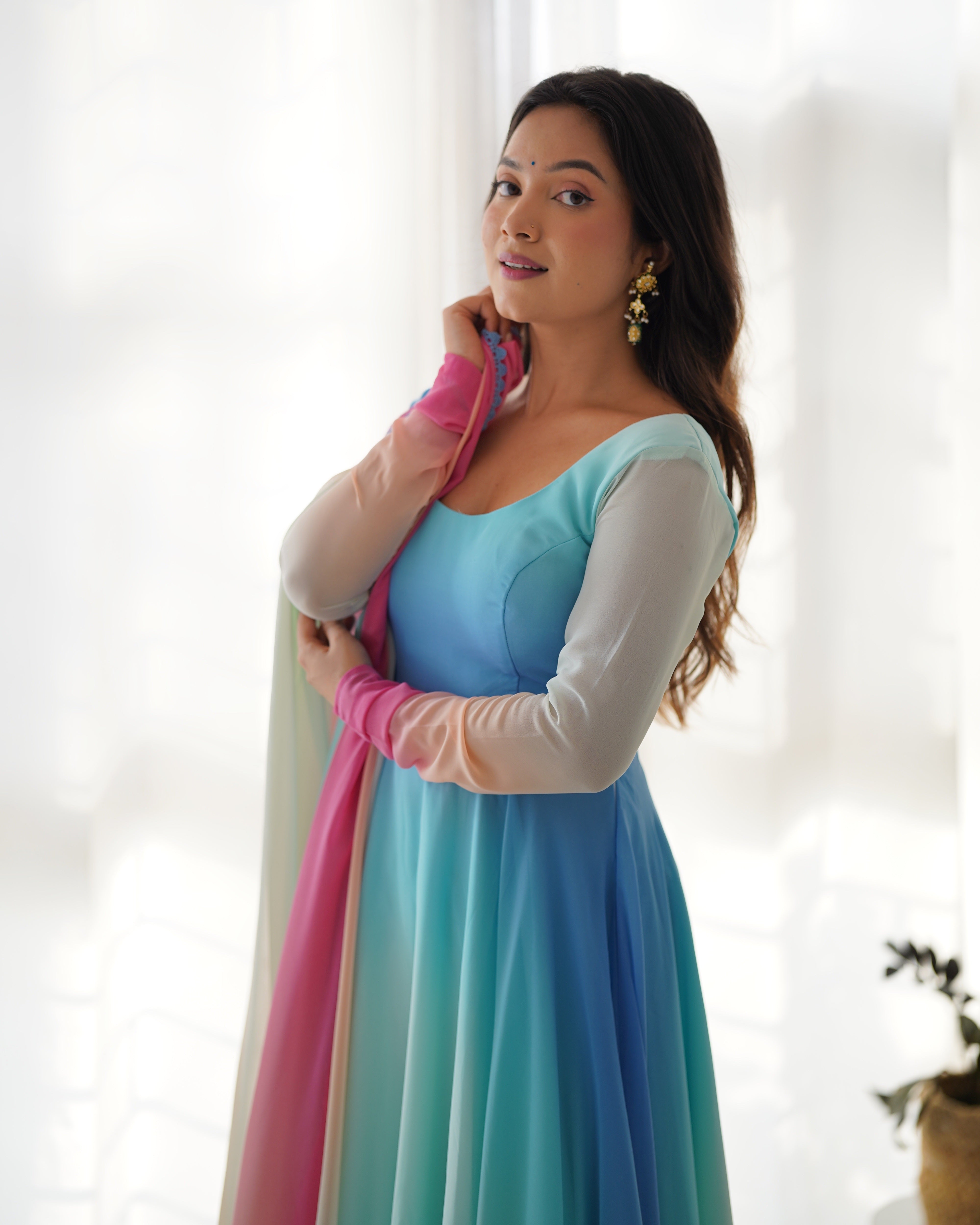 Multi-Color Ombre Gradient Organza Anarkali Gown with Rainbow Dupatta