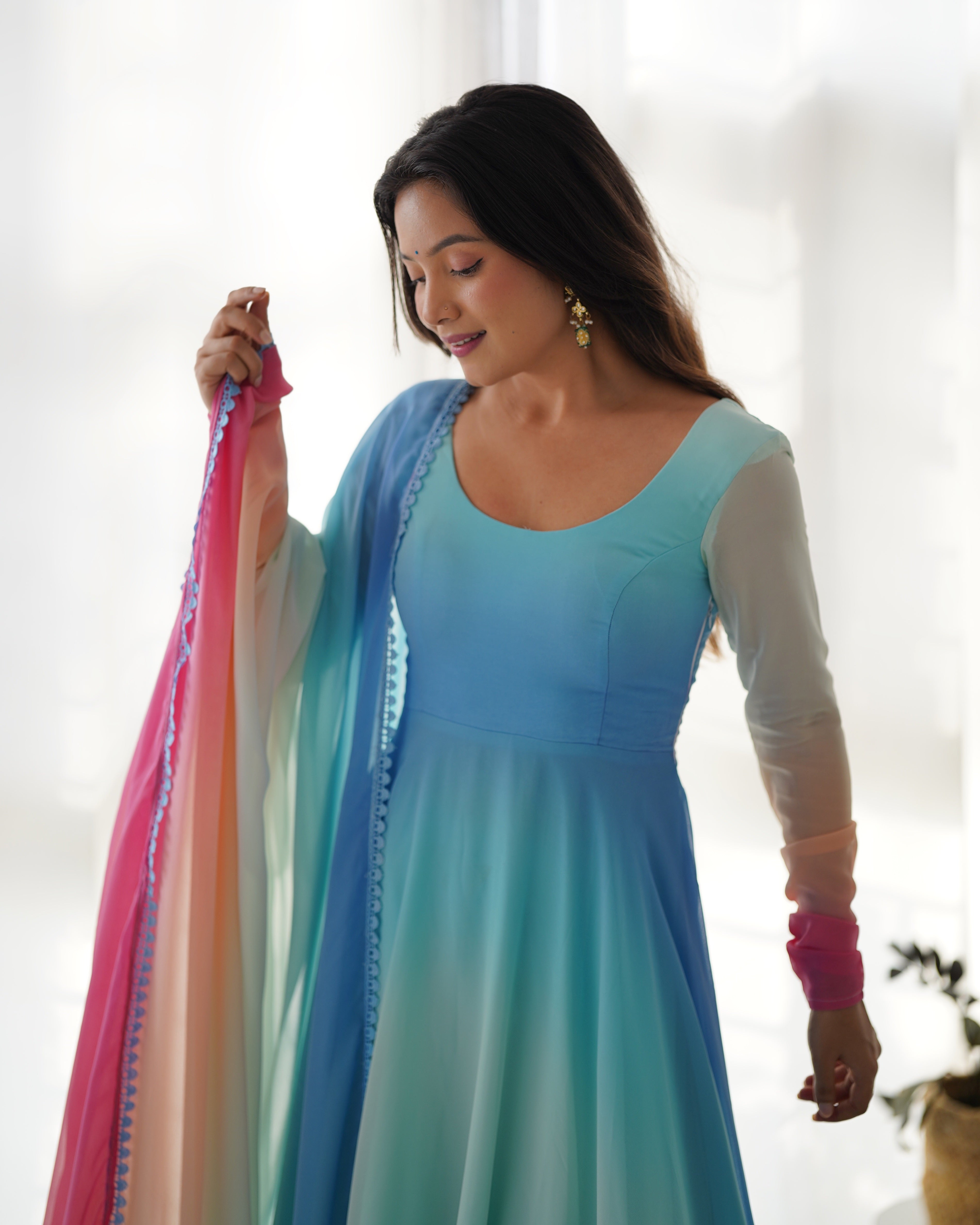 Multi-Color Ombre Gradient Organza Anarkali Gown with Rainbow Dupatta