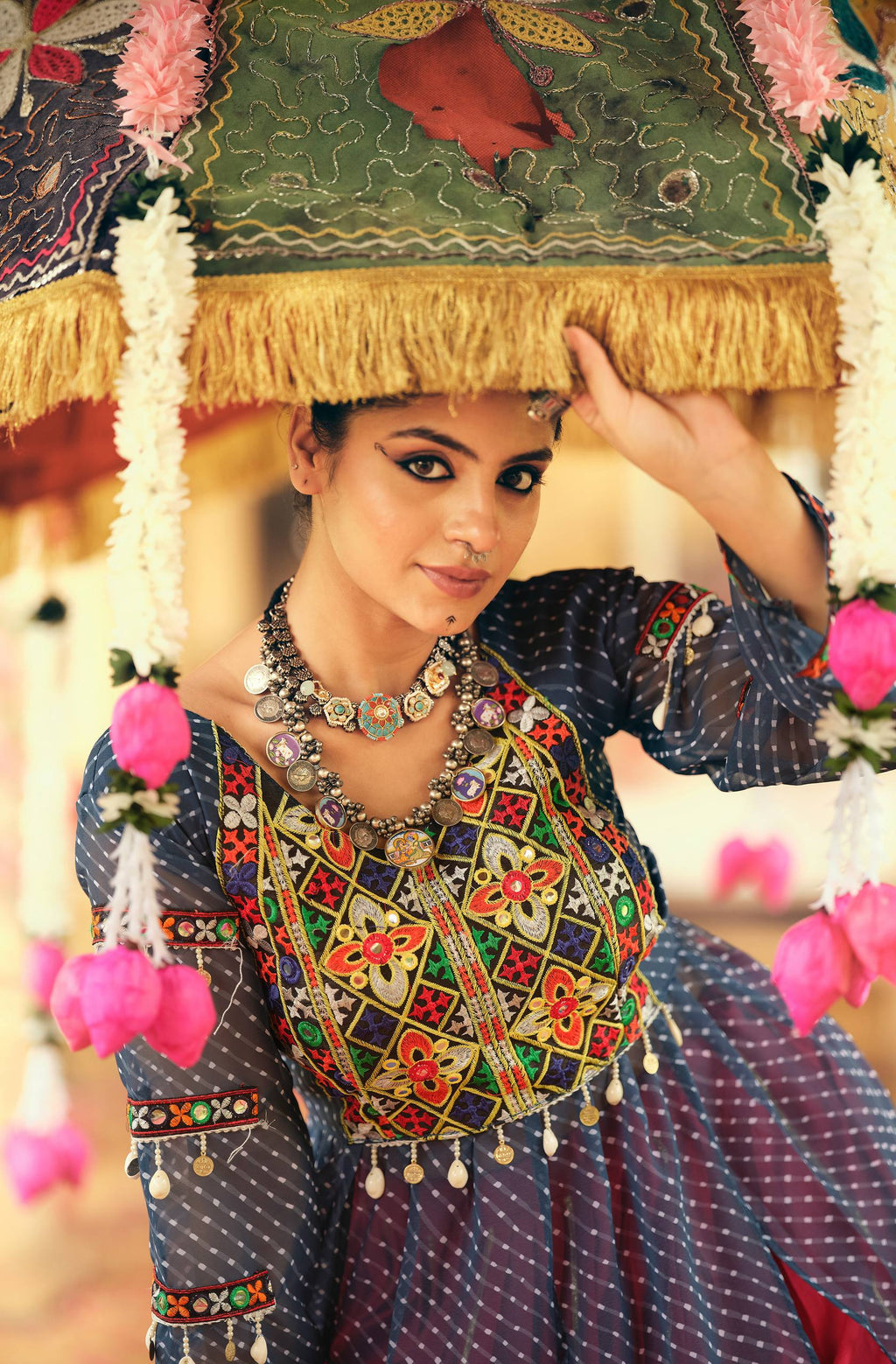 Blue Lehenga Set with Red Contrast & Multicolor Embroidery