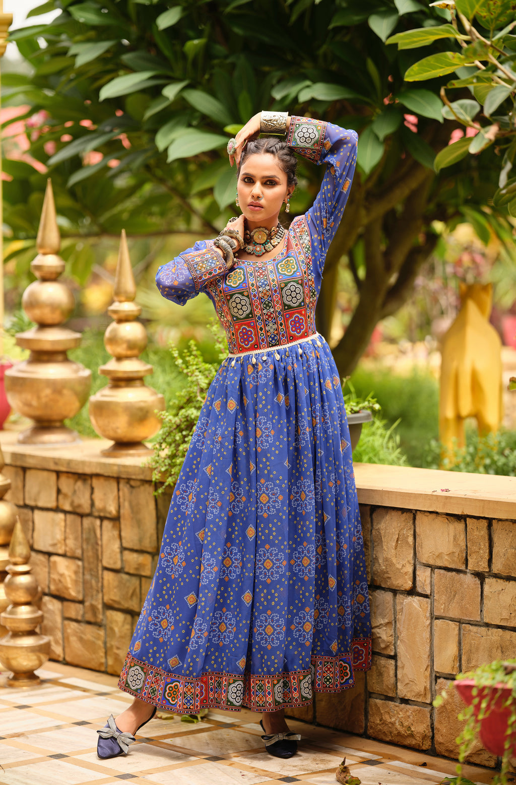 Blue Printed Anarkali Dress for Women