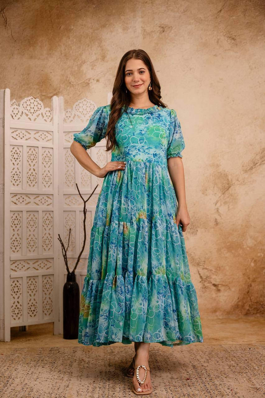 Blue Printed Anarkali Kurta for Women | Flared Ethnic Dress with Sleeves