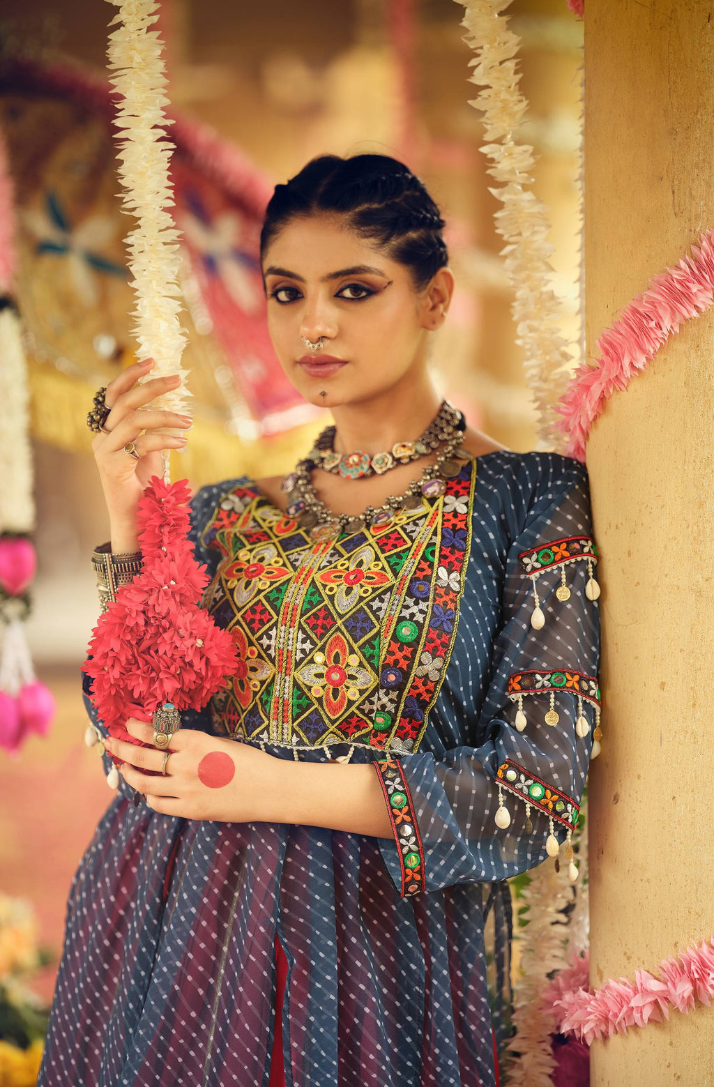 Blue Lehenga Set with Red Contrast & Multicolor Embroidery