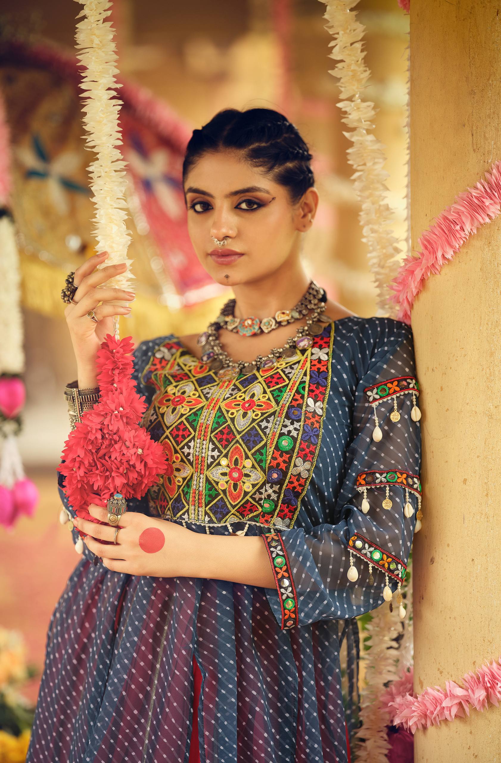 Blue Lehenga Set with Red Contrast & Multicolor Embroidery