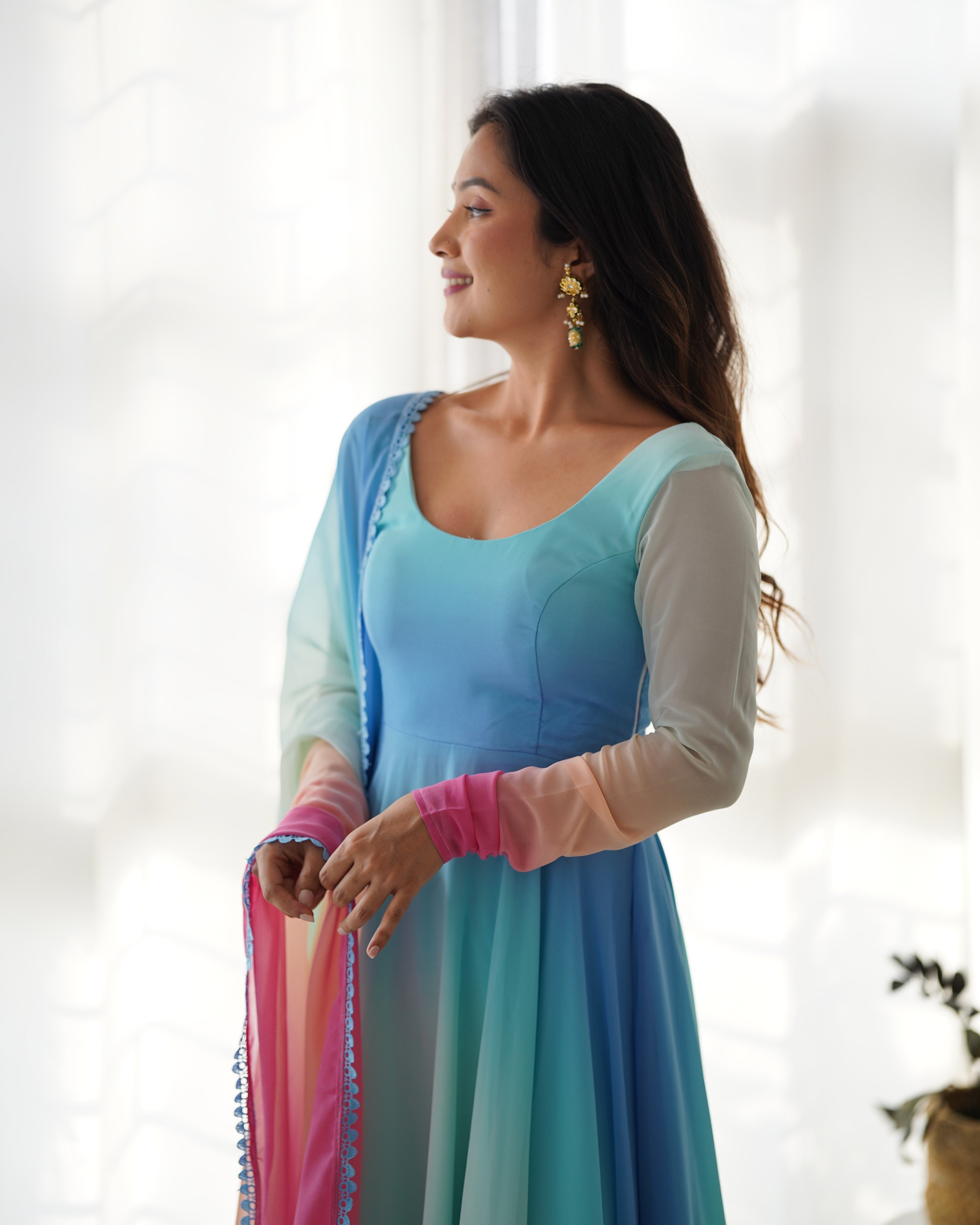Multi-Color Ombre Gradient Organza Anarkali Gown with Rainbow Dupatta