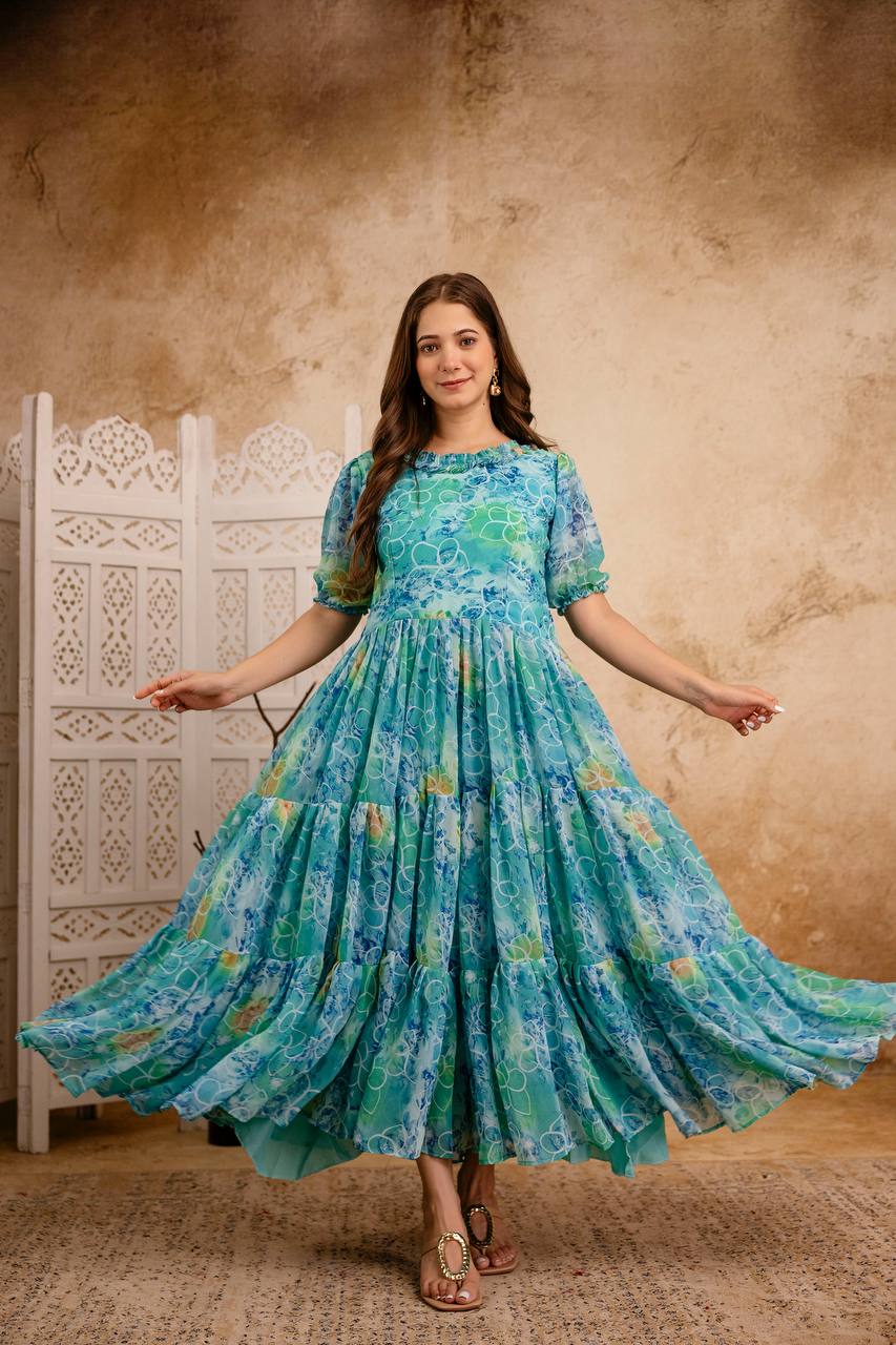 Blue Printed Anarkali Kurta for Women | Flared Ethnic Dress with Sleeves
