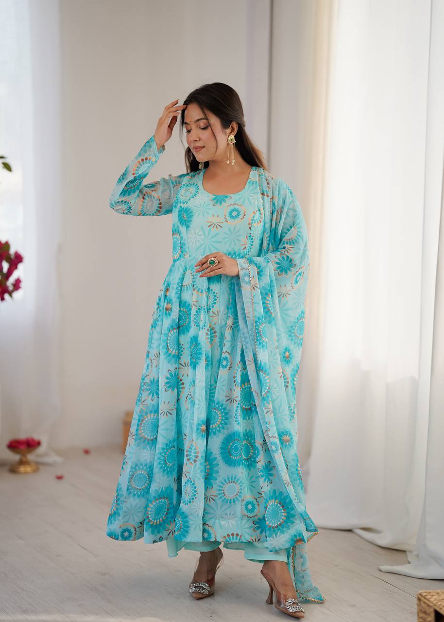 Teal Floral Anarkali Kurta Set for Women