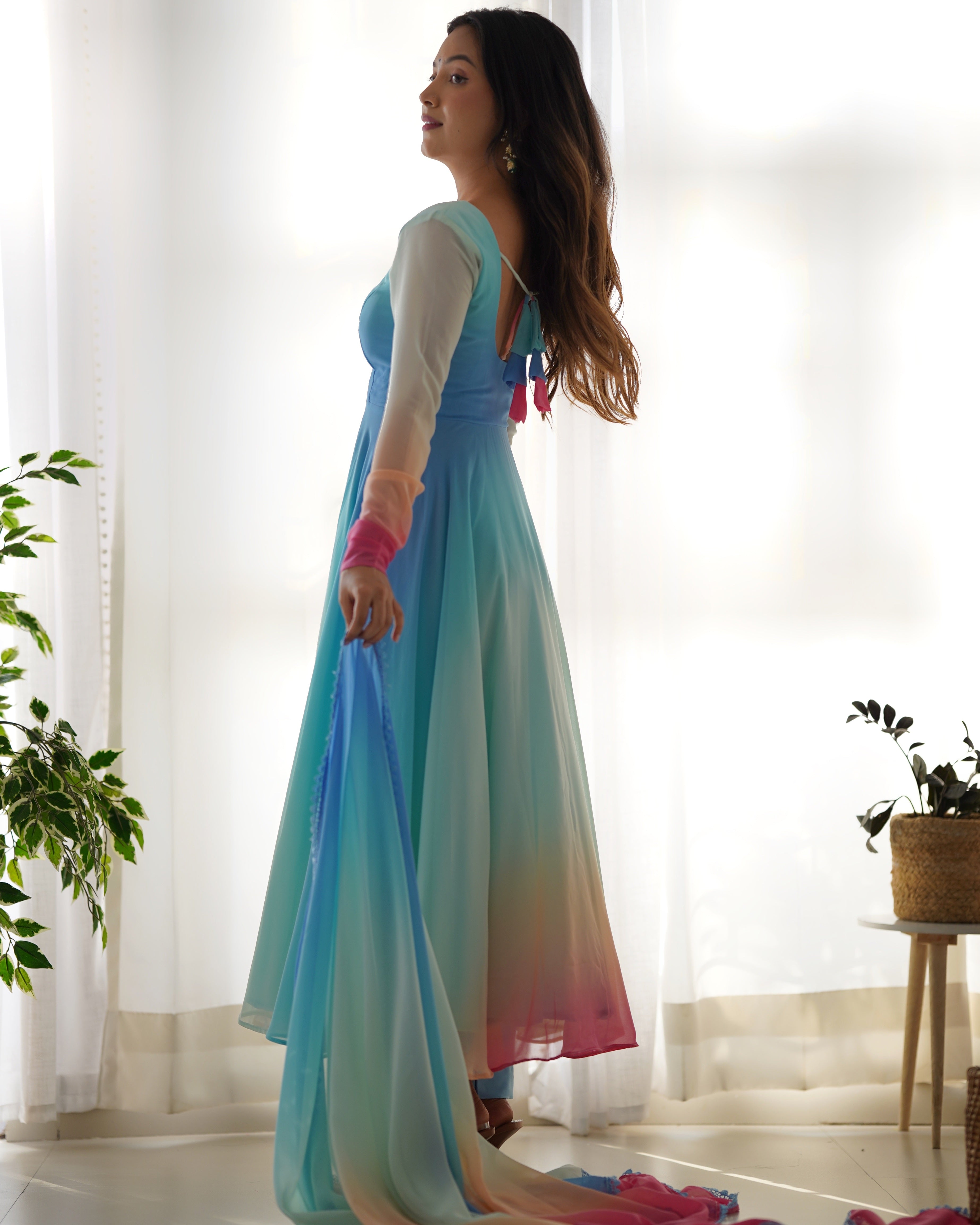 Multi-Color Ombre Gradient Organza Anarkali Gown with Rainbow Dupatta