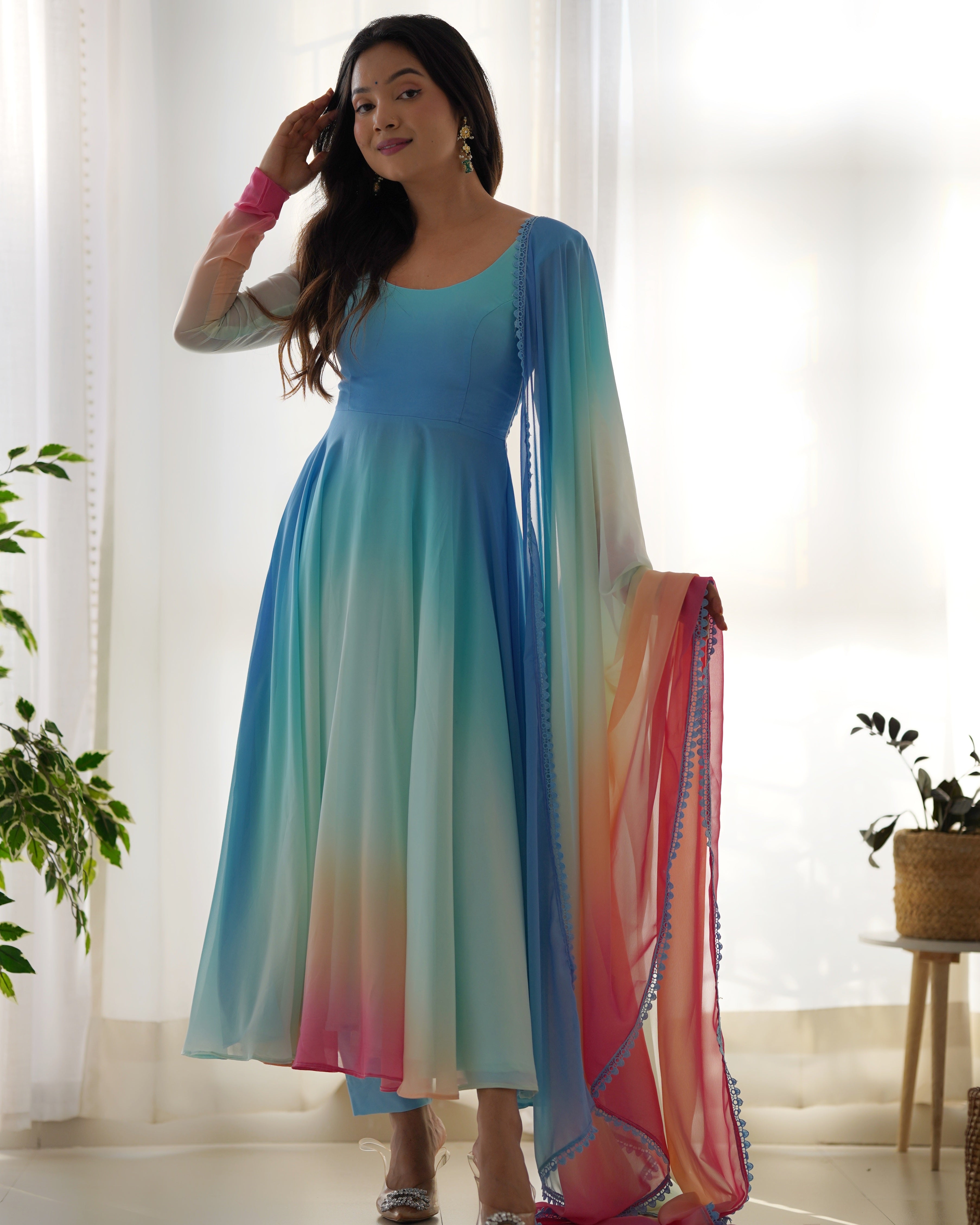 Multi-Color Ombre Gradient Organza Anarkali Gown with Rainbow Dupatta