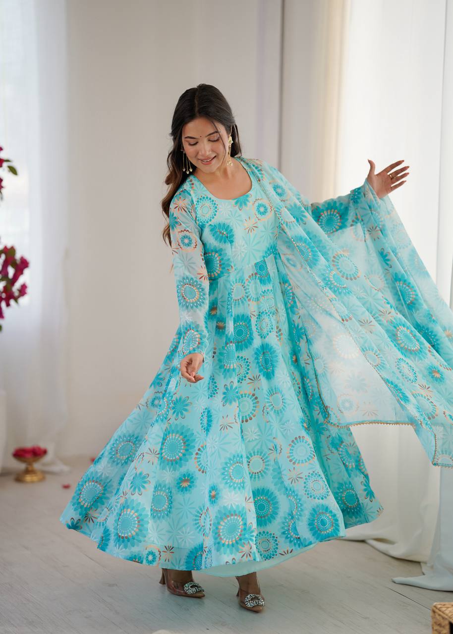 Teal Floral Anarkali Kurta Set for Women