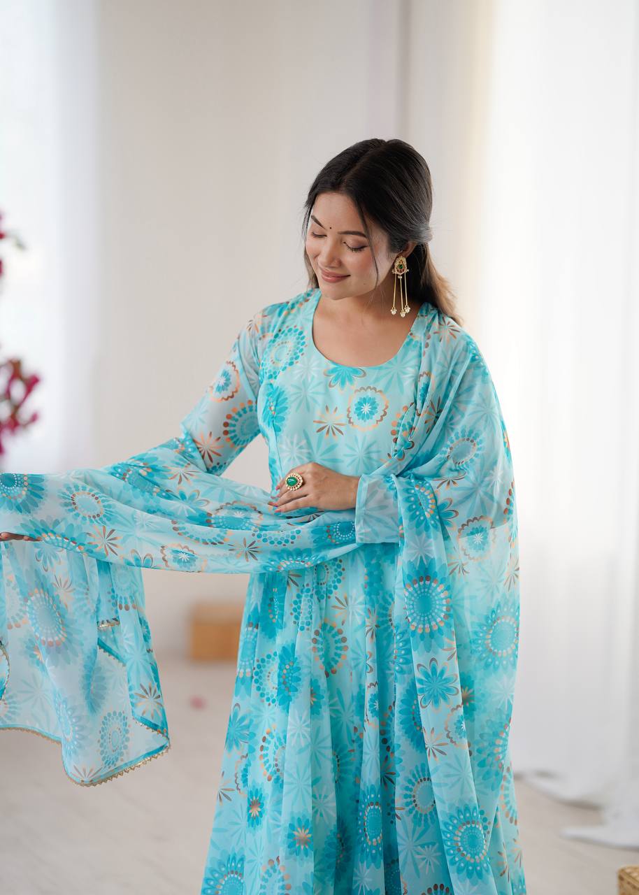 Teal Floral Anarkali Kurta Set for Women