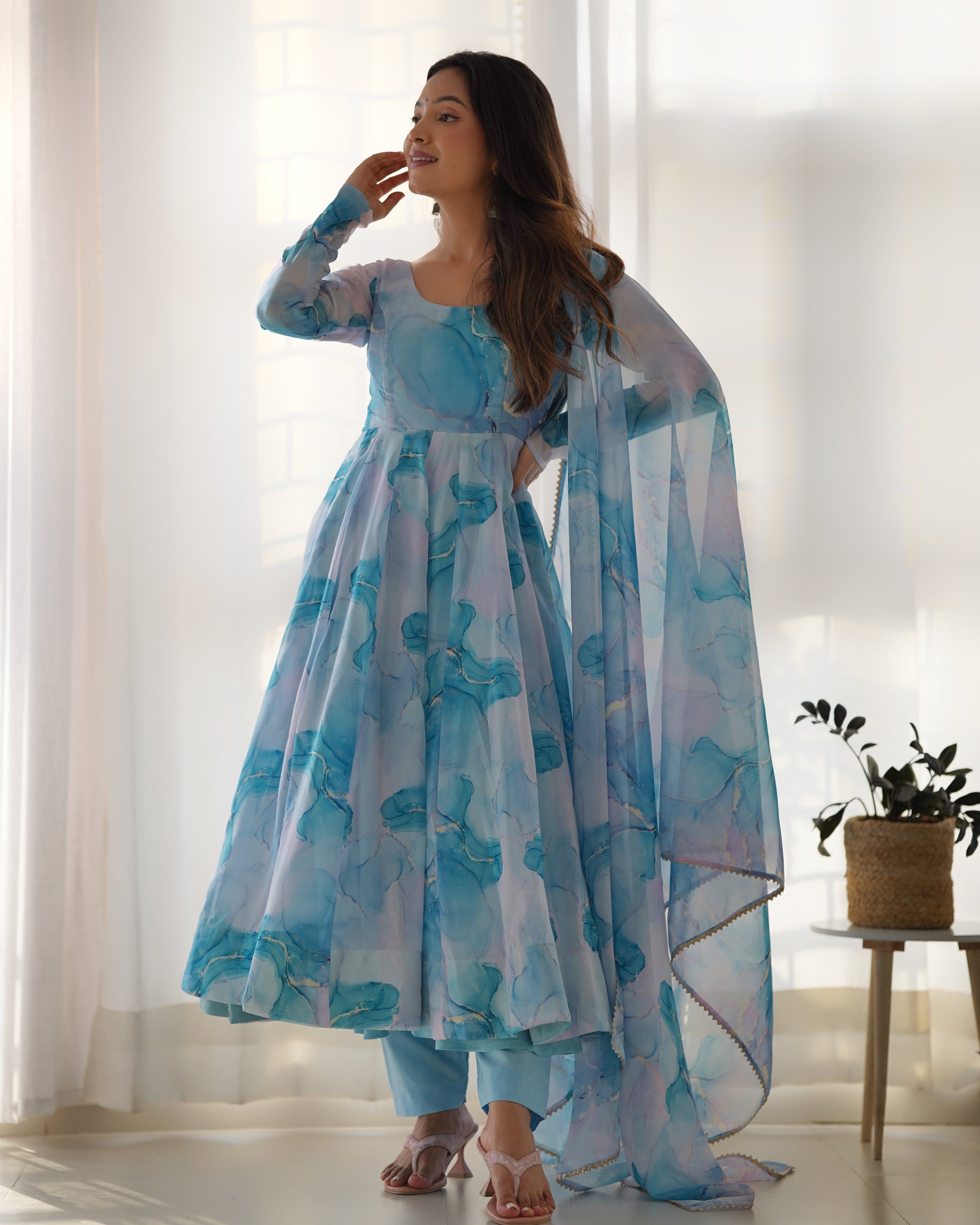 Organza Silk Marble Print Anarkali Suit Set