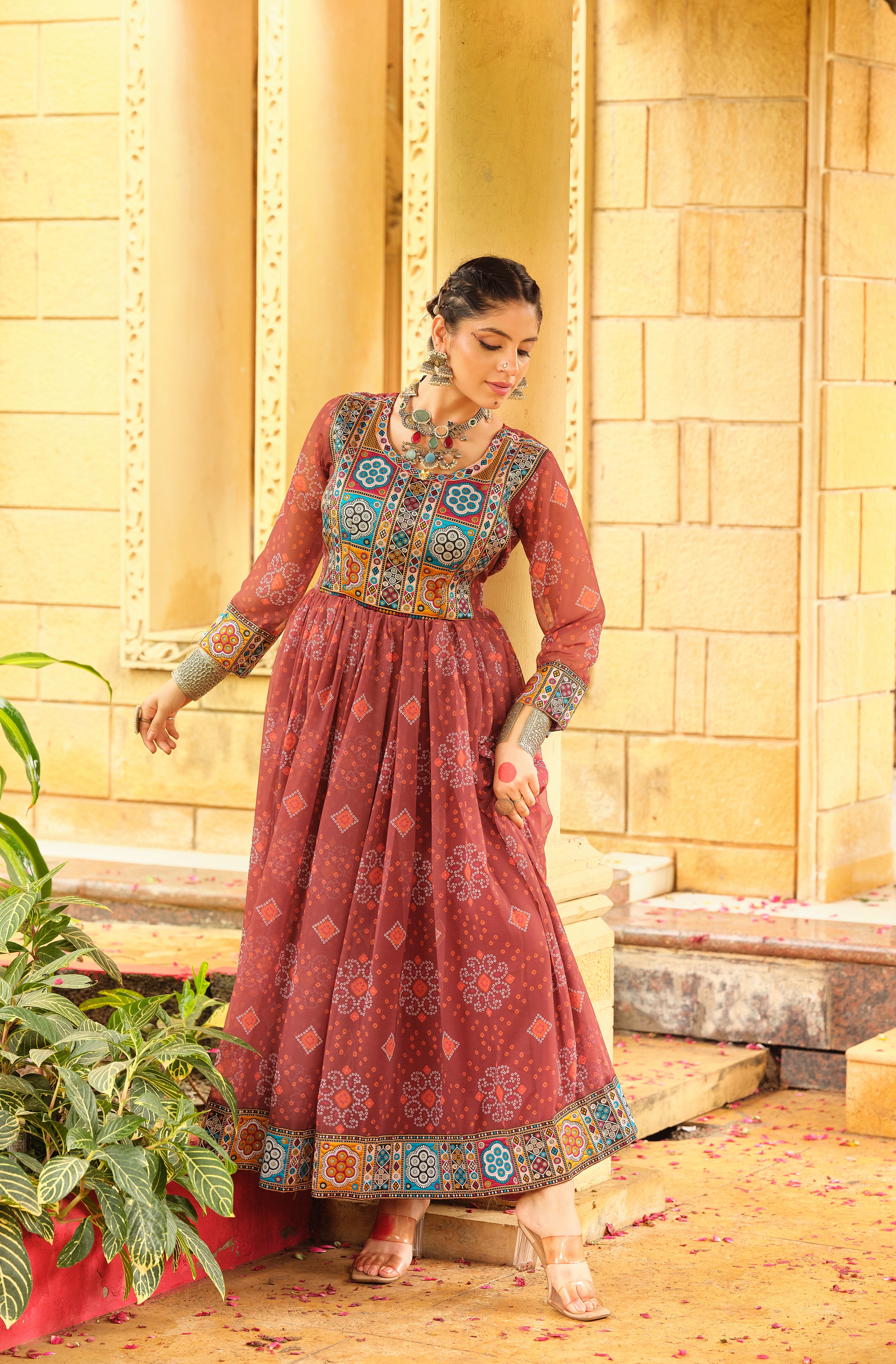 Rust Printed Anarkali Dress for Women