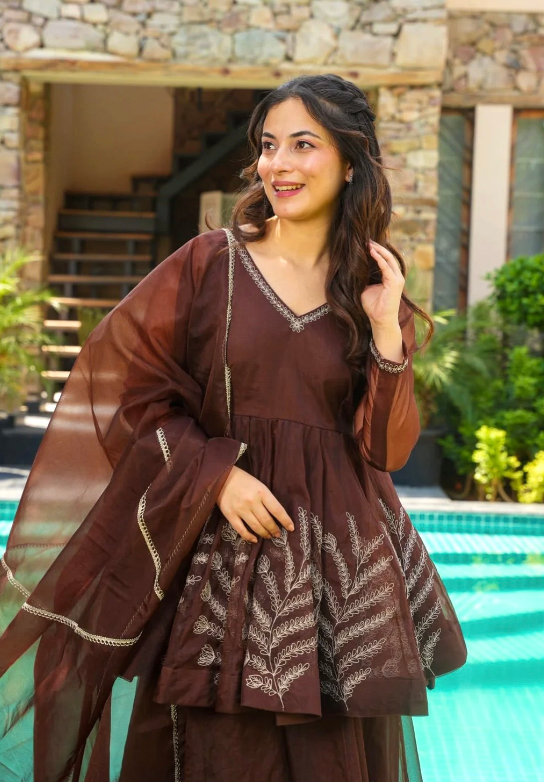 Brown Flared Anarkali Suit Set with Dupatta | Elegant Festive & Occasion Wear