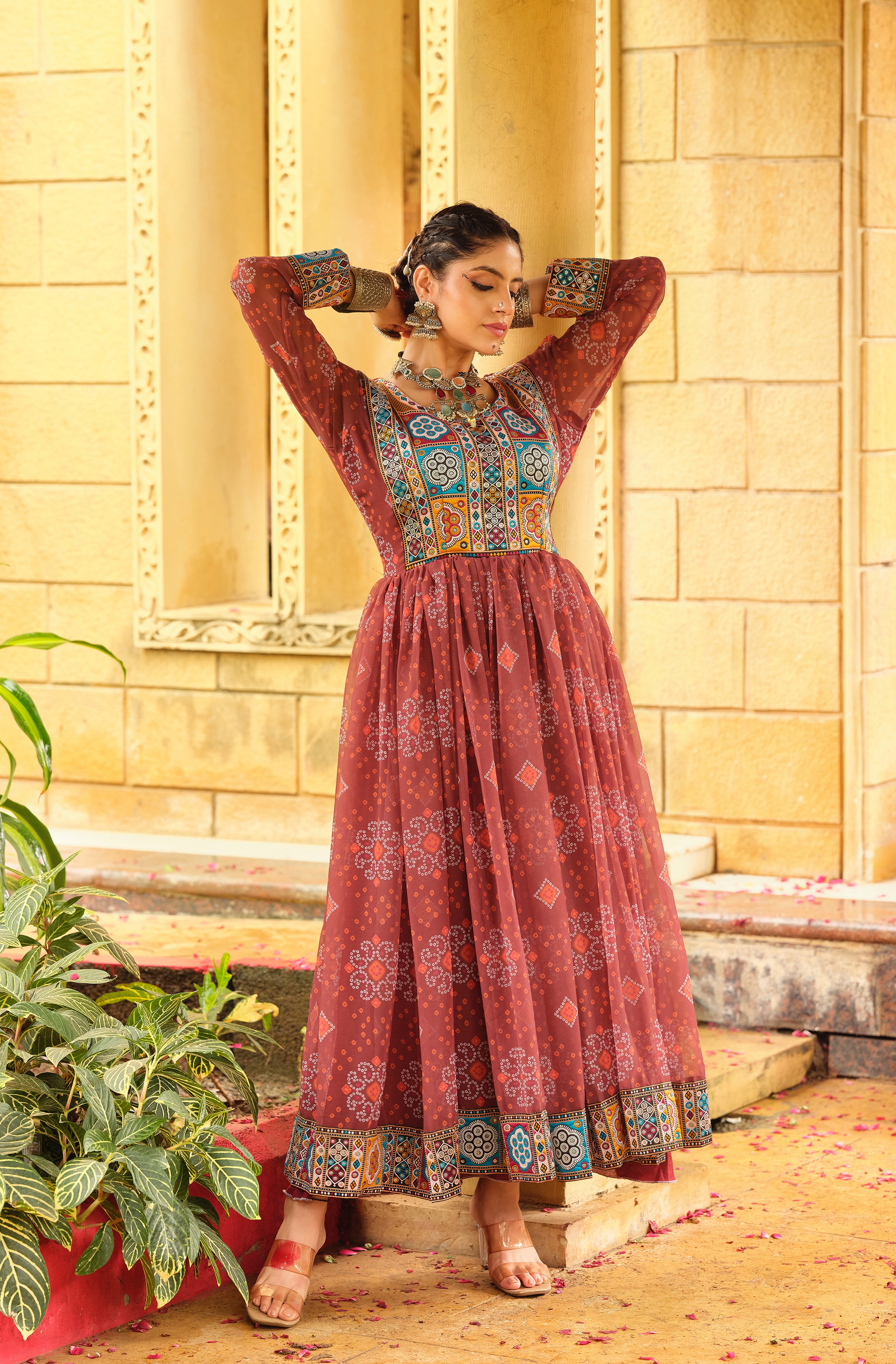 Rust Printed Anarkali Dress for Women