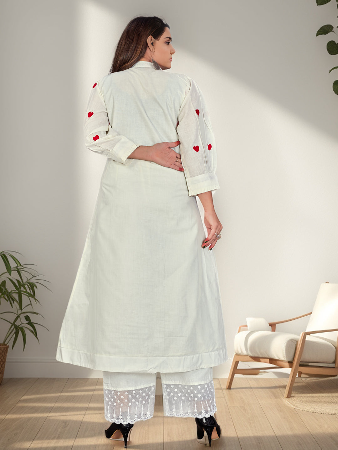 White Embellished Kurta With Palazzo Set