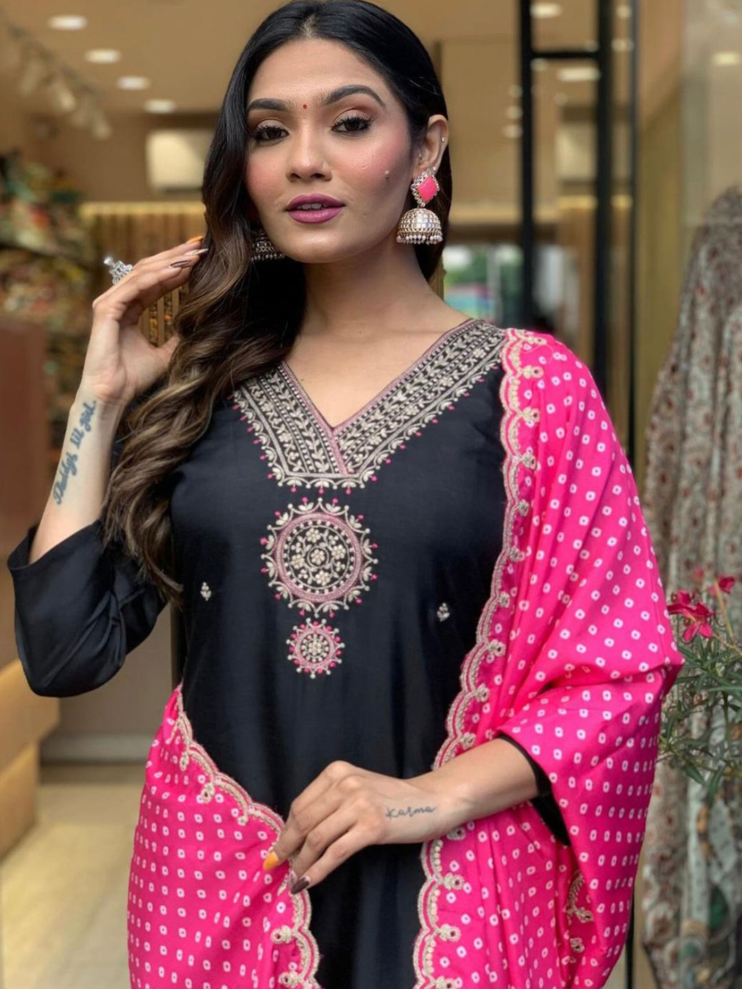 Black Embroidered Kurta With Bottom & Dupatta Set