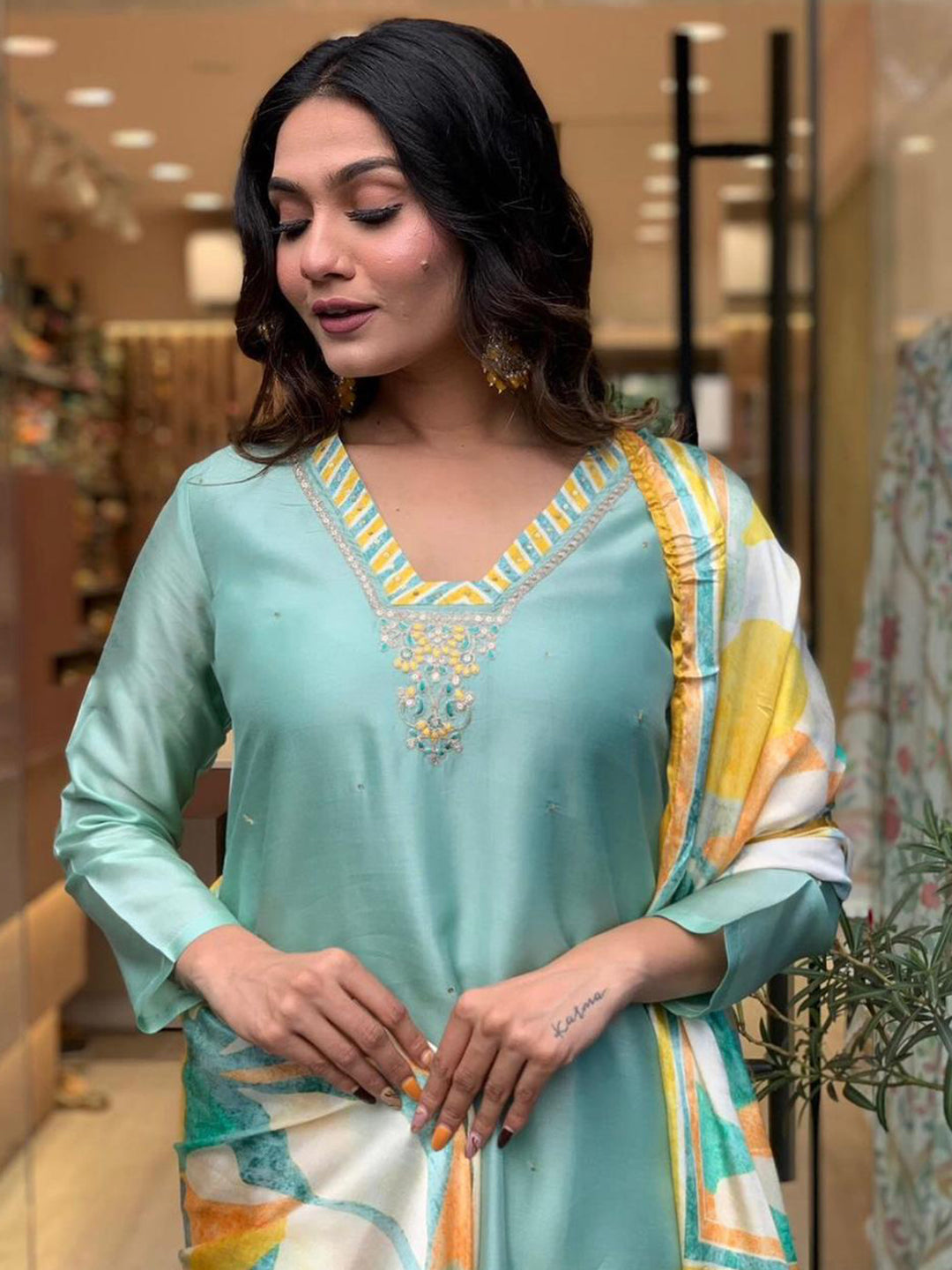 Sea Green Embellished Kurta With Bottom & Dupatta Set