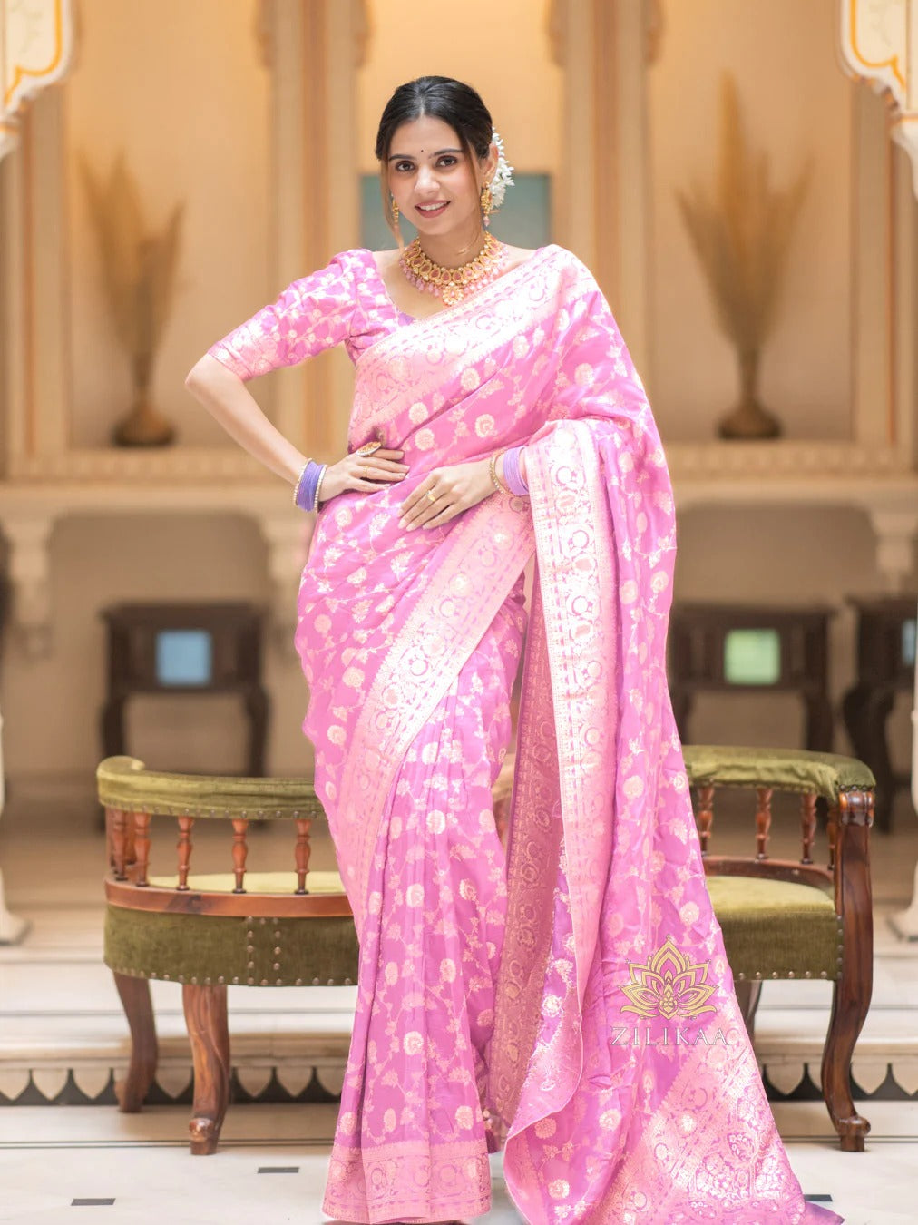 Baby Pink Silk Saree with Gold Zari Work