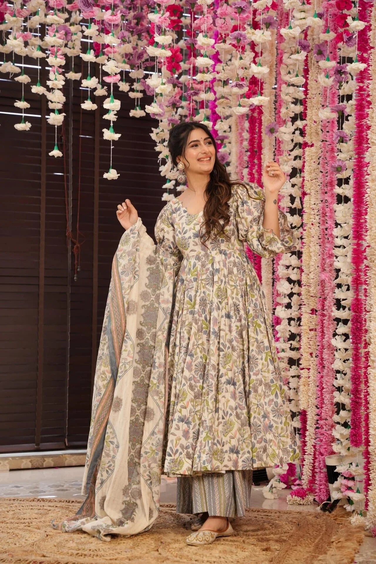 Beige Floral Printed Cotton Anarkali Suit Set with Statement Sleeves & Dupatta