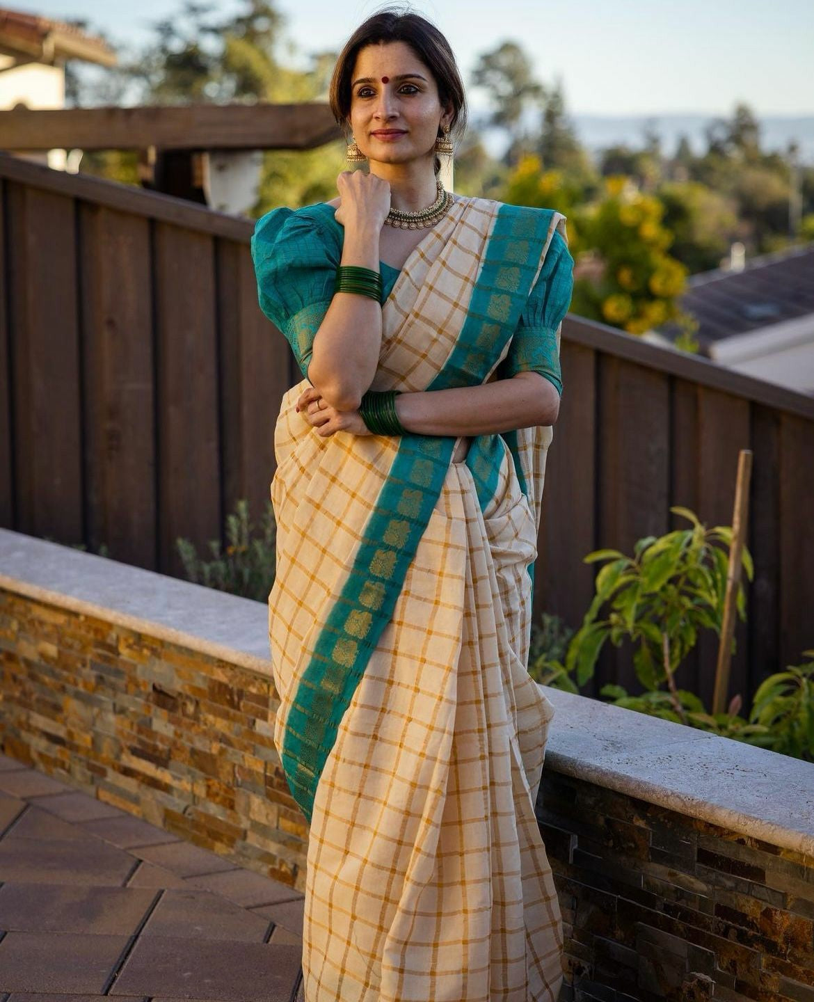 Beige Cotton Saree with Teal Border