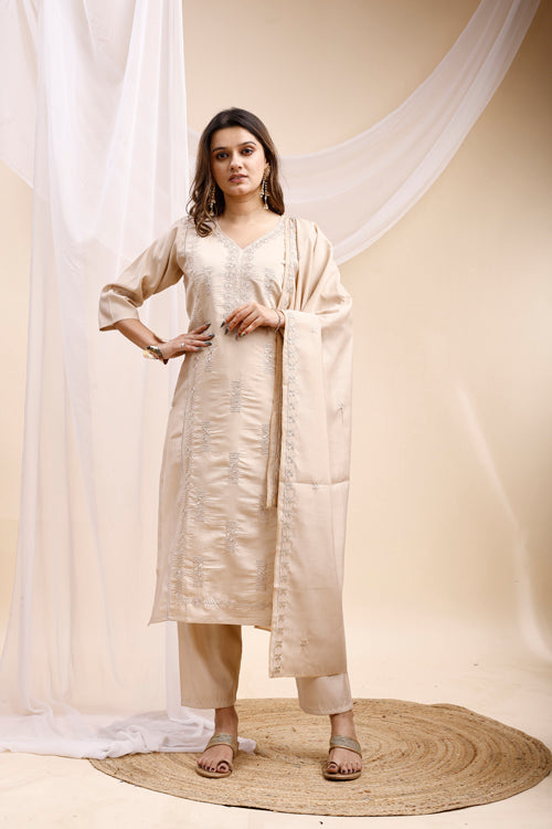 Beige Embroidered Kurta Set with Dupatta for Women