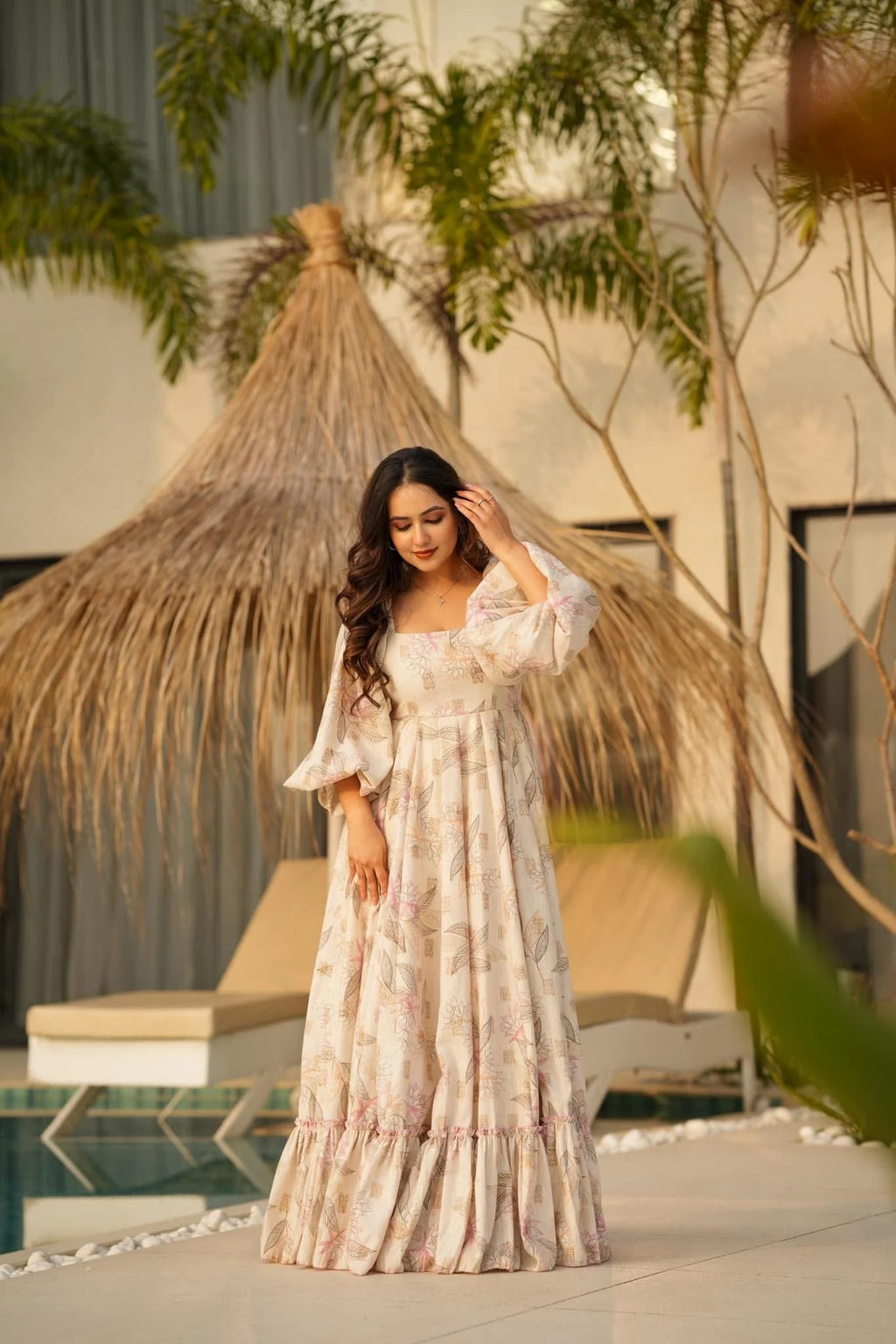 Beige Floral Maxi Dress for Women