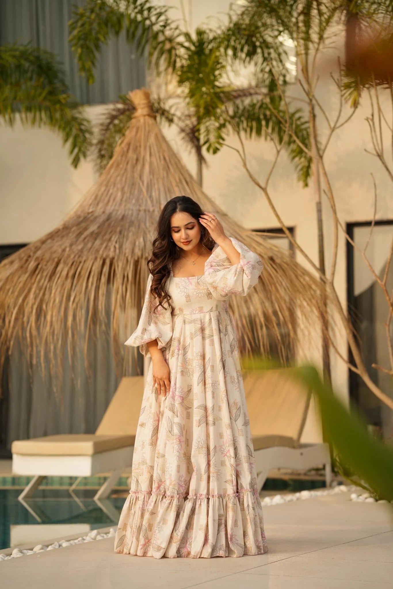 Beige Floral Maxi Dress for Women