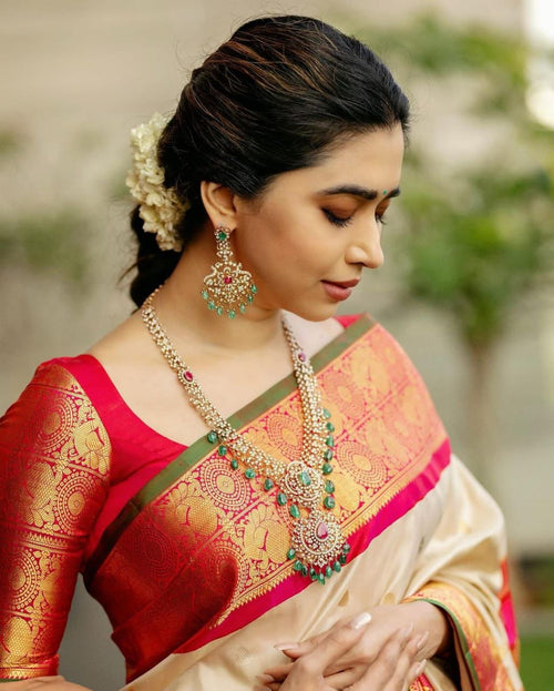 Beige Silk Saree with Red & Gold Zari Border
