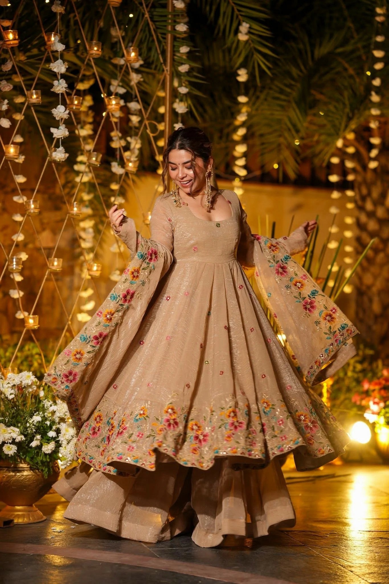Designer Floral Threadwork Embroidered Anarkali Suit Set with Flared Bottom & Matching Scalloped Dupatta for Women
