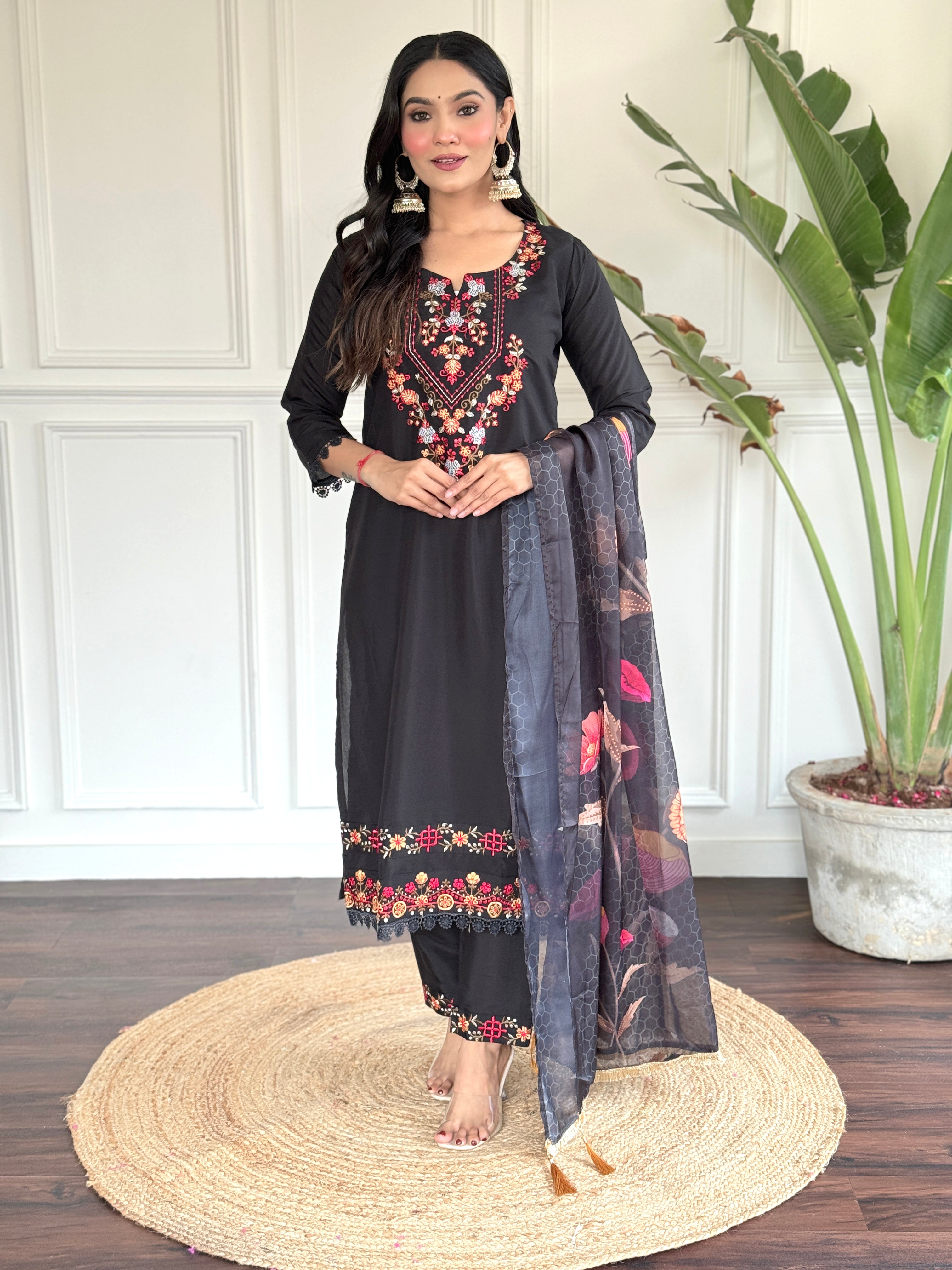 Black Kurta Set with Printed Dupatta