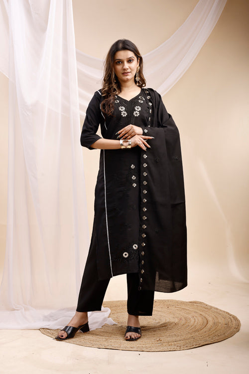 Black Embellished Kurta Set with Dupatta for Women