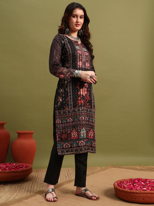 Black Floral Printed Kurta with Dupatta & Pants – Elegant Ethnic Wear