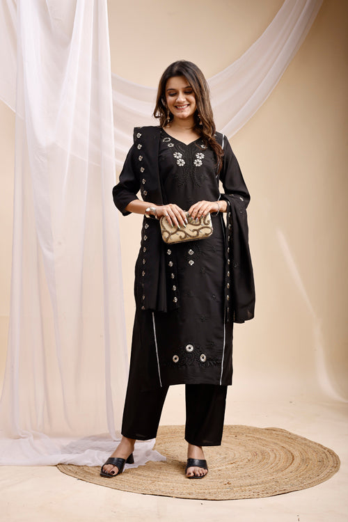 Black Embellished Kurta Set with Dupatta for Women