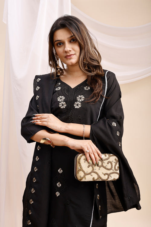 Black Embellished Kurta Set with Dupatta for Women