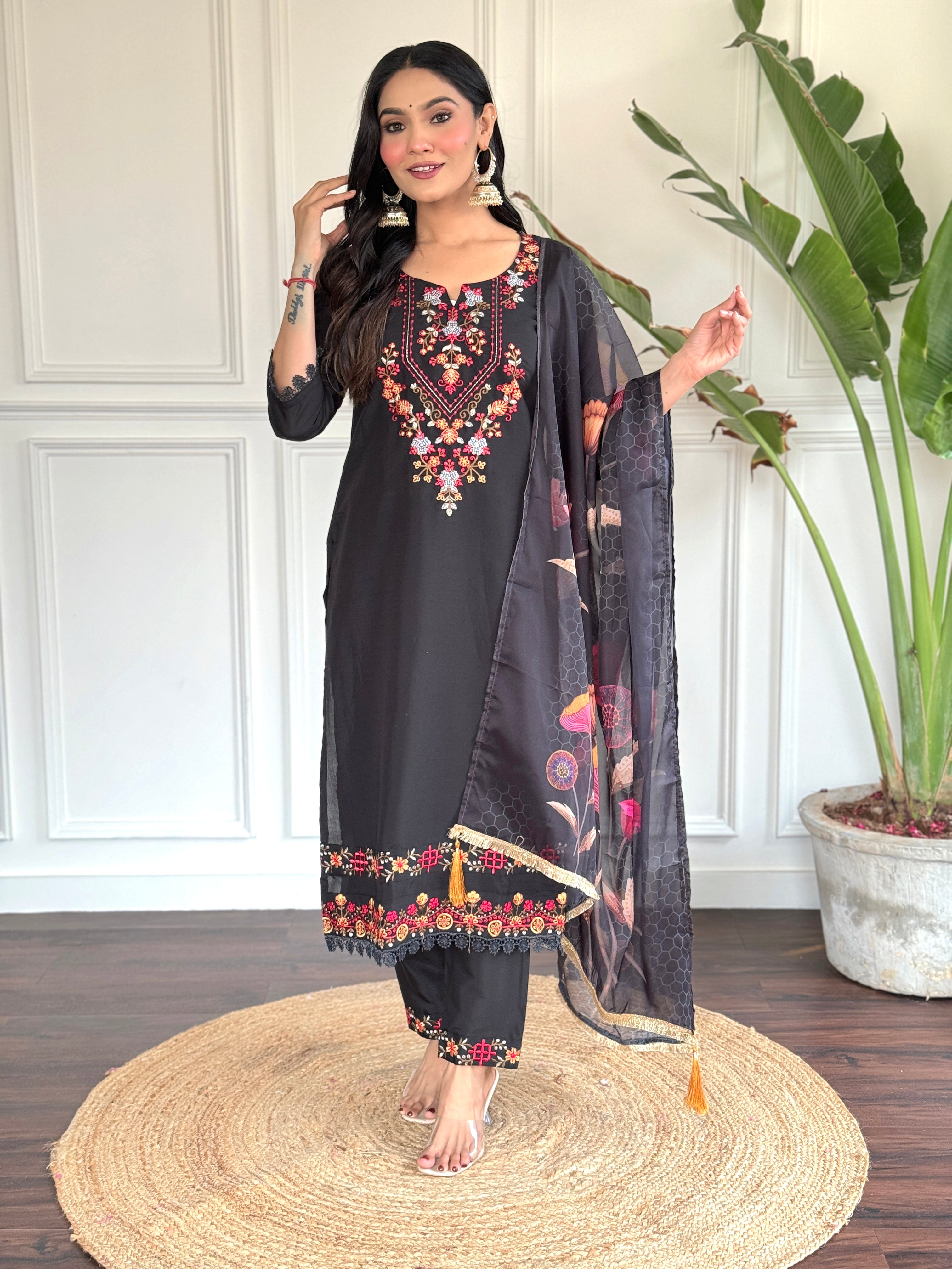 Black Kurta Set with Printed Dupatta