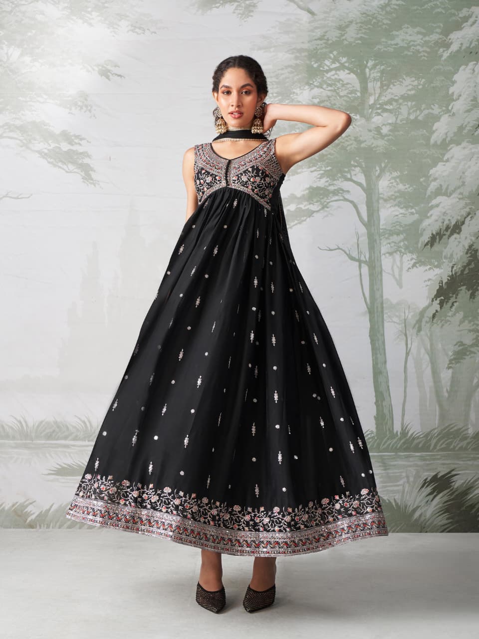 Black Sleeveless Anarkali Dress with Embroidery for Women