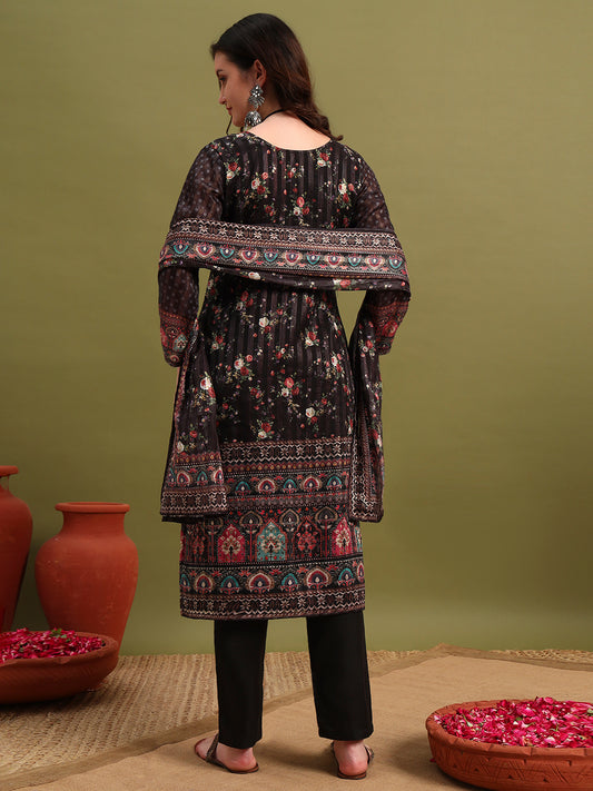 Black Floral Printed Kurta with Dupatta & Pants – Elegant Ethnic Wear