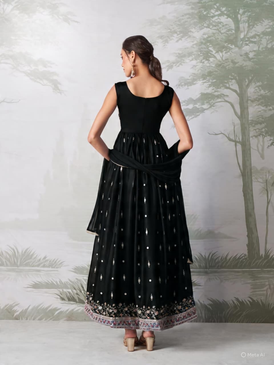 Black Sleeveless Anarkali Dress with Embroidery for Women