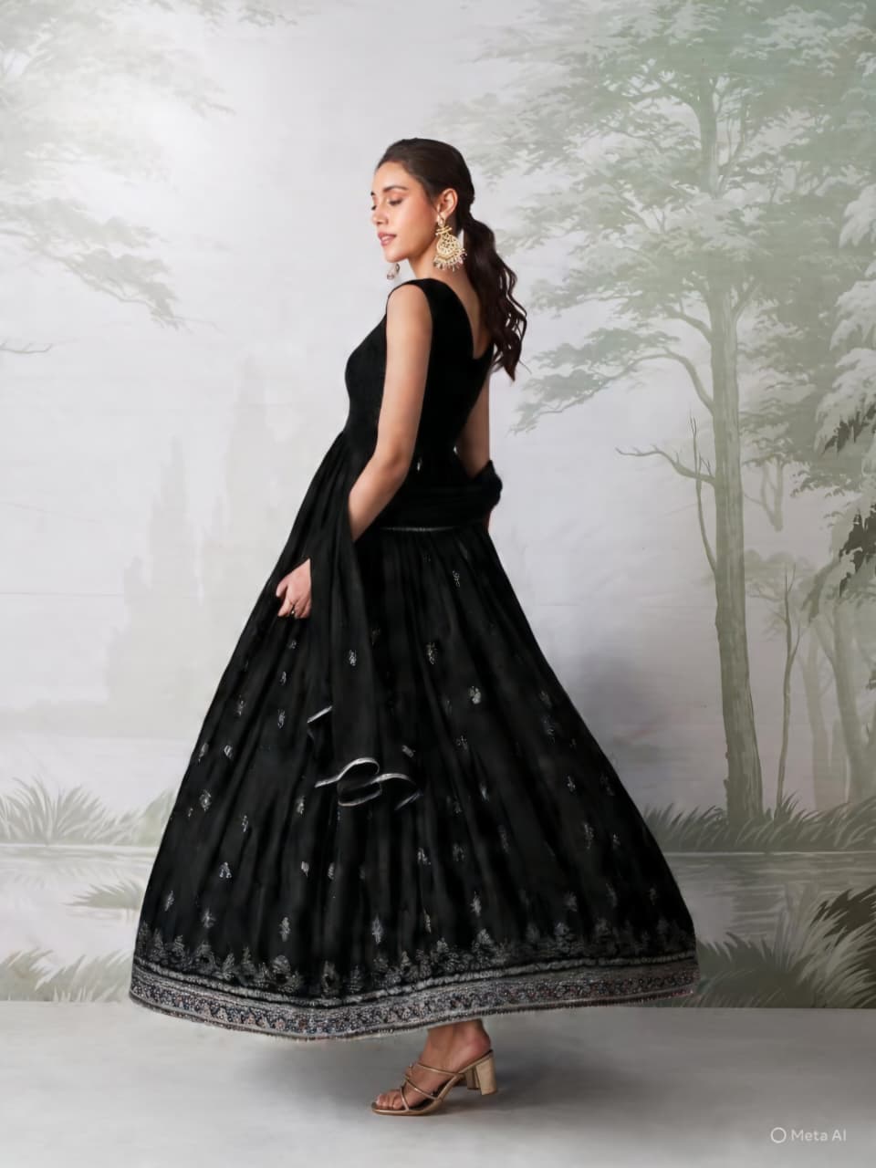 Black Sleeveless Anarkali Dress with Embroidery for Women