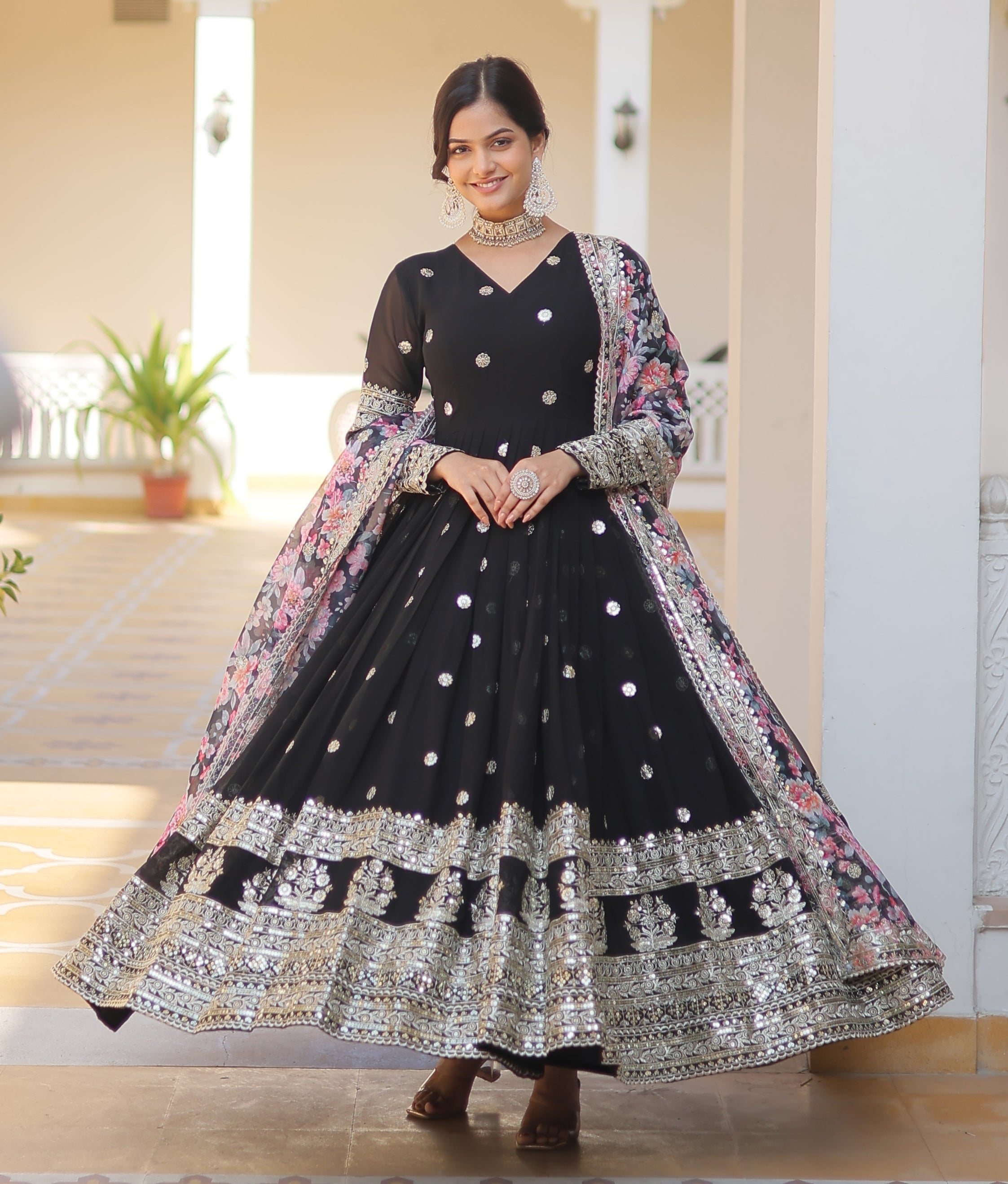 Black Anarkali Gown with Floral Dupatta