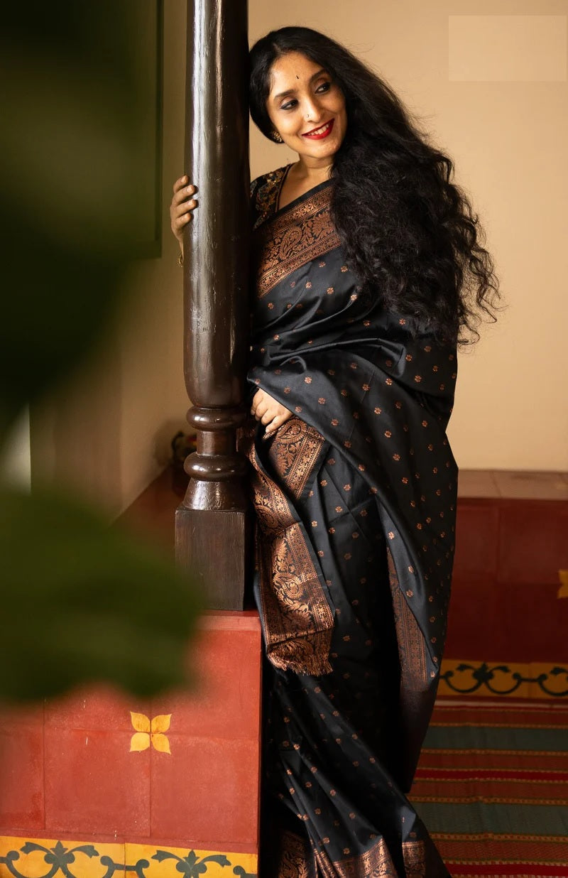 Black Banarasi Silk Saree with Copper Zari Work