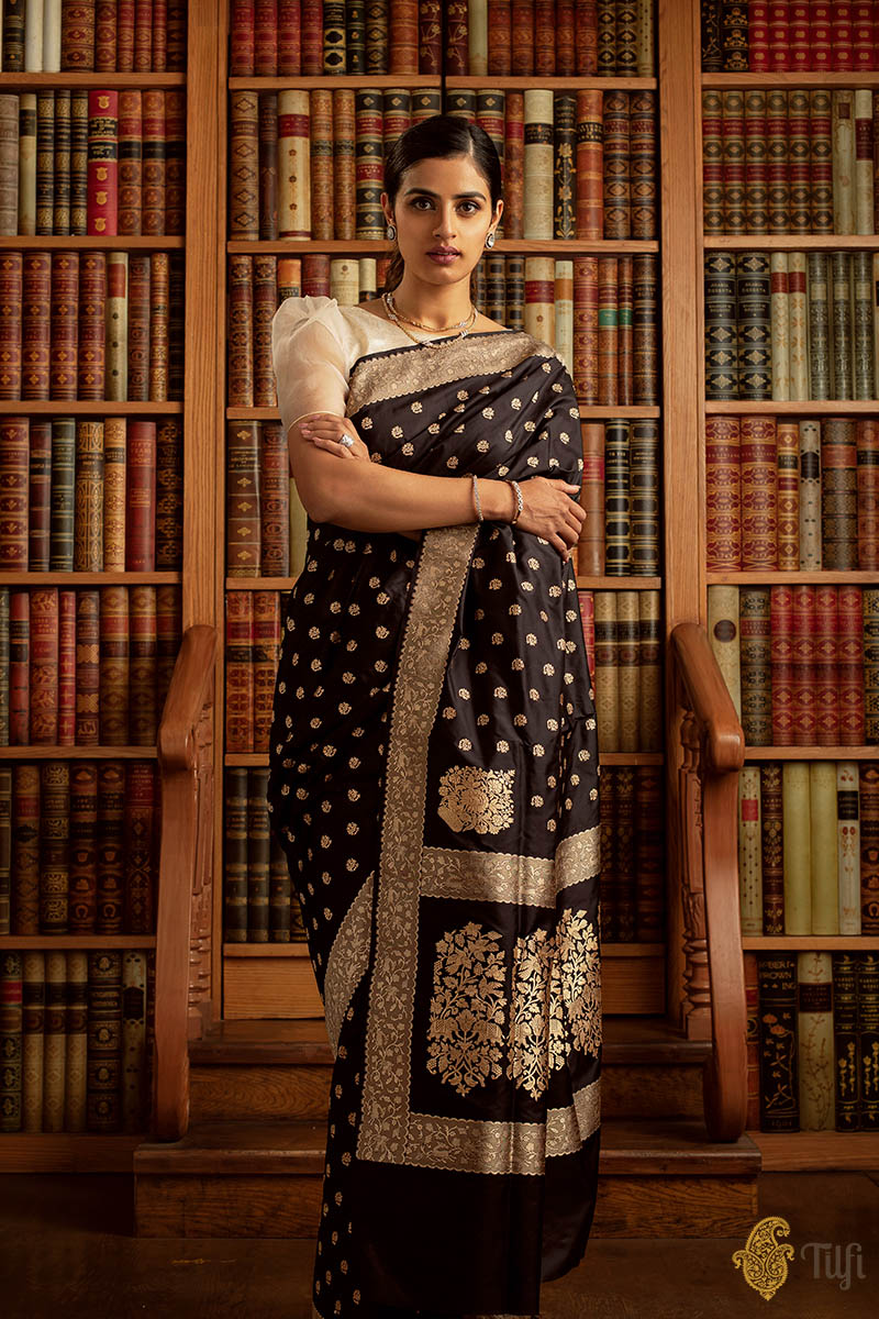 Black Banarasi Silk Saree with Gold Zari Border & Motifs